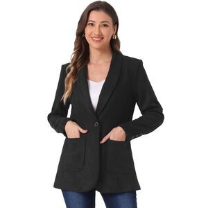 Faux Suede Blazer Lapel Collar One Button Dressy Suit Jacket Black